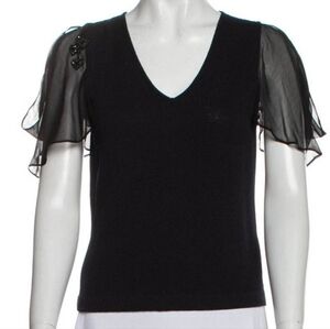 St. John Black Top with Sheer Sleeves, stretch fabric